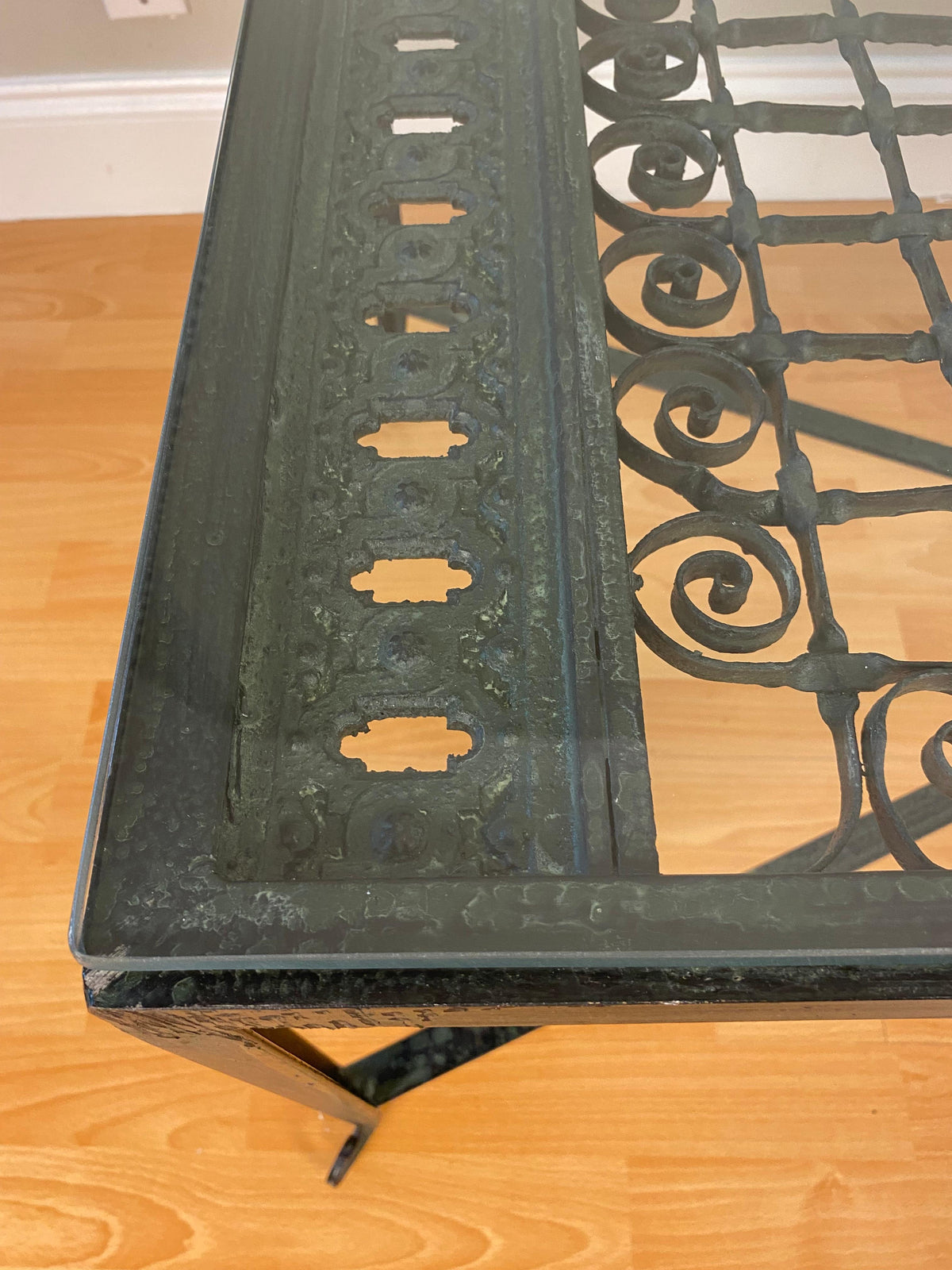 Decorative Wrought Iron Cocktail Coffee Table, Architectural Element Glass Top — detail 7