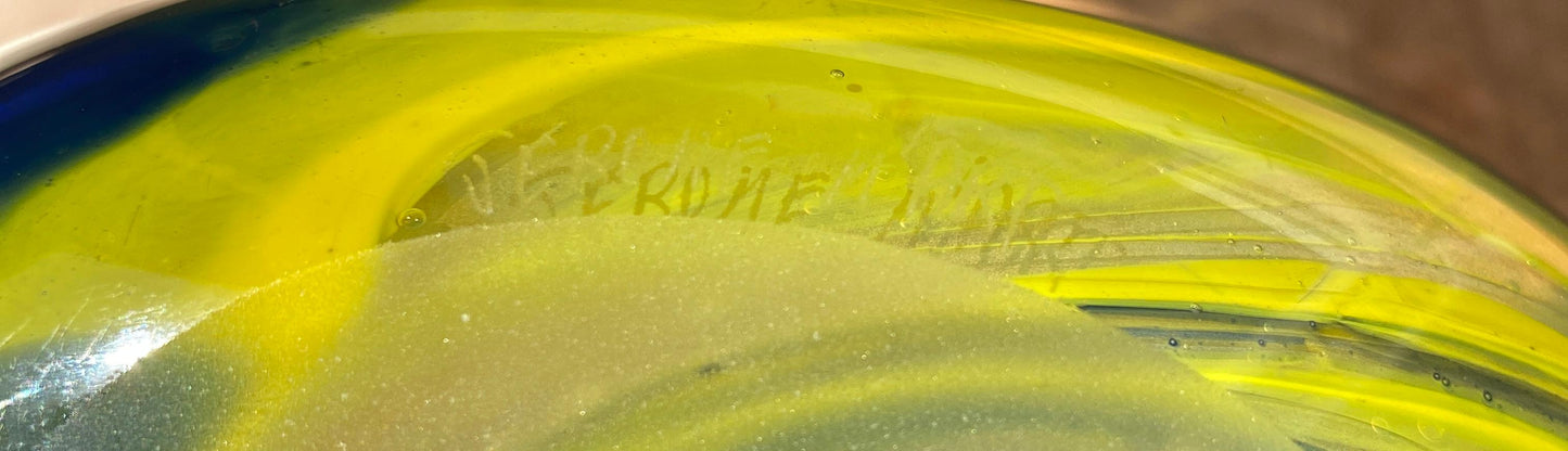 Yellow and Blue Art Glass Vase Signed Jerome M'Art — detail 6
