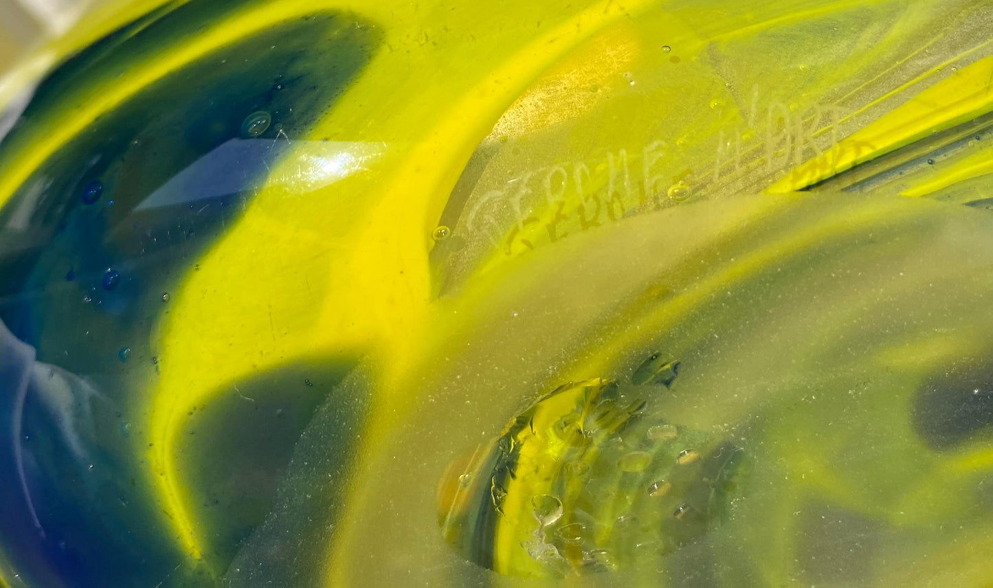 Yellow and Blue Art Glass Vase Signed Jerome M'Art — detail 7