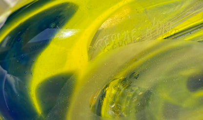 Yellow and Blue Art Glass Vase Signed Jerome M'Art — detail 7